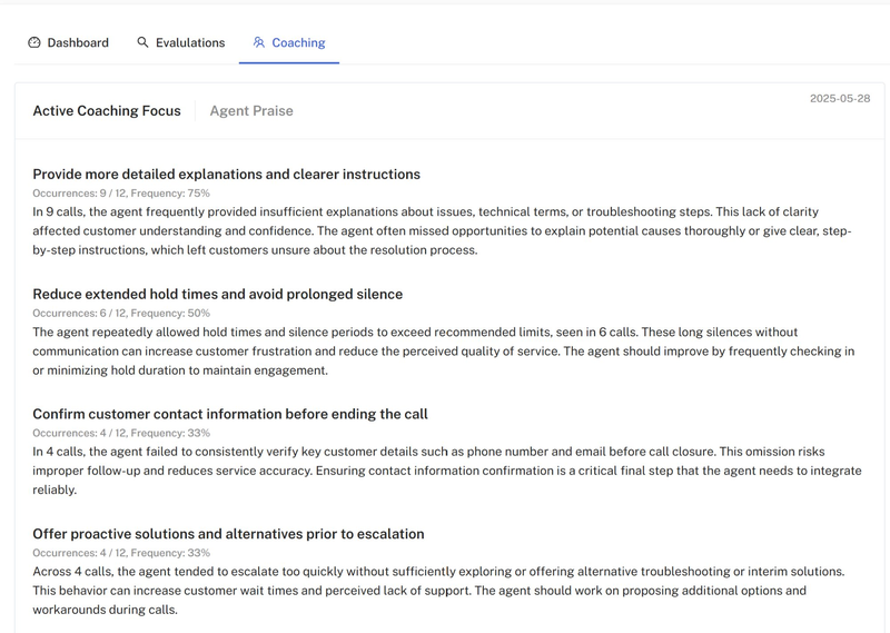 OttoQA AI-generated coaching recommendations showing specific coaching focus areas with frequency data