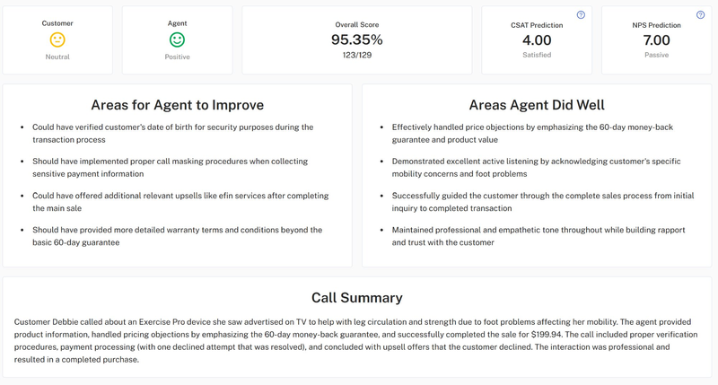 OttoQA evaluation scorecard showing 95.35% overall score, CSAT prediction, NPS prediction, areas to improve, areas agent did well, and call summary
